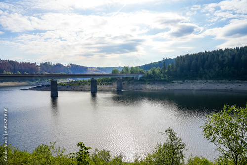 Oker reservoir near Altenau in the Harz Mountains. View from the Okertalsperre to the Oker See and the surrounding landscape. Idyllic nature by the water.
 photo