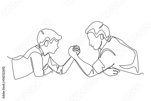 Continuous one line drawing happy father and son competing in arm wrestling. Rising teens concept. Single line draw design vector graphic illustration.