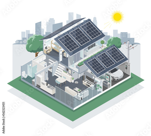 Solar cell House with green city concept installer component system for smart home solar panel inverter and battery diagram monochrome isometric isolated illustration
