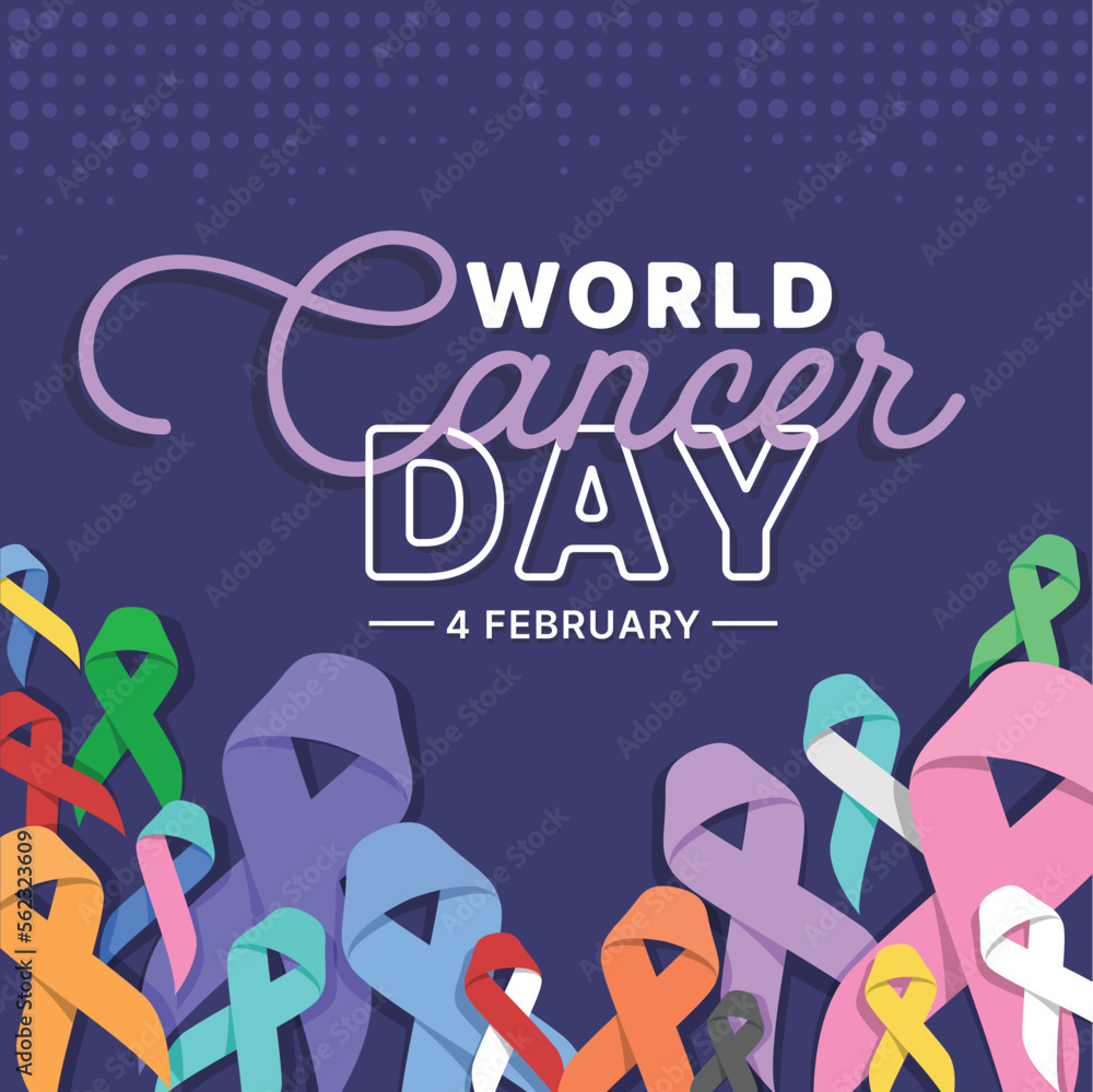 World cancer day text and set of ribbons of different colors against cancer on dark purple background vector design World cancer day text and set of ribbons of different colors against cancer on dark purple background vector design