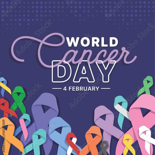 World cancer day text and set of ribbons of different colors against cancer on dark purple background vector design