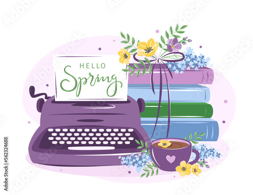Vintage typewriter, books, cup coffee or tea with spring flowers. Design elements for bookstore, festival or advertising. Vector illustration