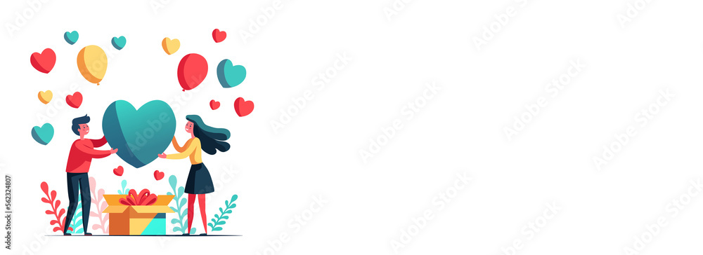 Happy Valentine's Day Concept With Young Boy And Girl Character With Colorful Hearts, Balloons Gift Box And Leaves. Happy Valentine's Day Concept With Young Boy And Girl Character With Colorful Hearts, Balloons Gift Box And Leaves.