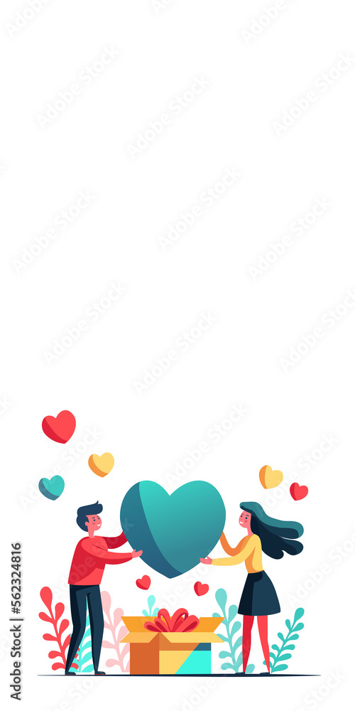 Fototapeta premium Happy Valentine's Day Concept With Young Boy And Girl Character With Colorful Hearts, Balloons Gift Box And Leaves.