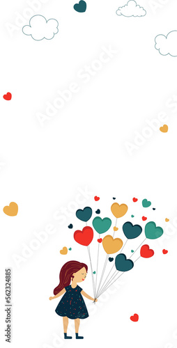 Cute Little Girl Holding Colorful Heart Shape Balloons With Clouds And Copy Space. Love Or Valentine s Day Concept.