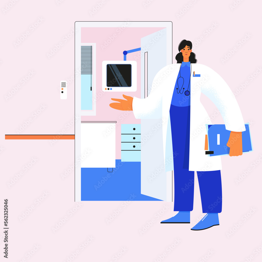 Vector illustration, a woman doctor stands at the entrance to the pre-medical office and invites you to enter. Medical examination, diagnostics, vaccination. Vector illustration, a woman doctor stands at the entrance to the pre-medical office and invites you to enter. Medical examination, diagnostics, vaccination.
