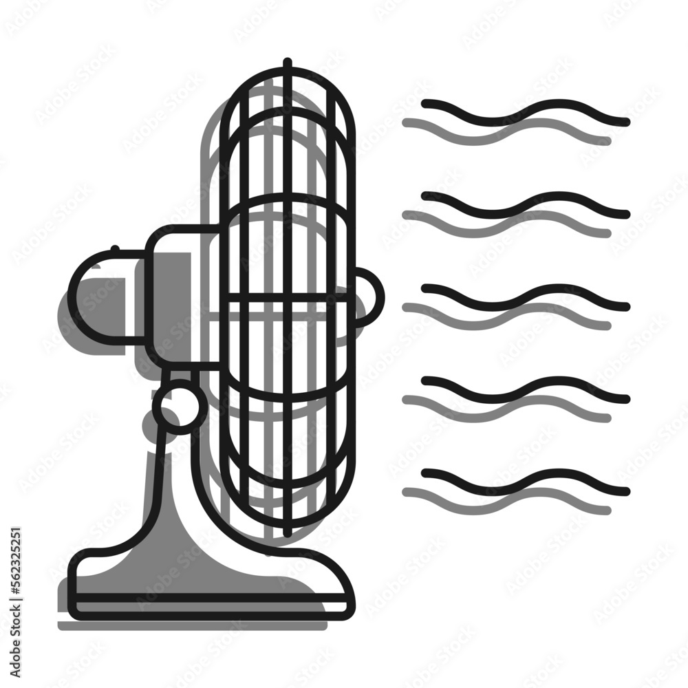Linear filled with gray color icon, Electric Fan For Cooling Room Side View. Maintaining Comfortable Temperature In Room. Simple black and white vector Isolated On white background Linear filled with gray color icon, Electric Fan For Cooling Room Side View. Maintaining Comfortable Temperature In Room. Simple black and white vector Isolated On white background