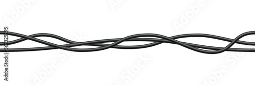 Realistic electrical wires. Cable power energy. Flexible thick network cord. Black electric computer connection wires. Seamless line cable. Vector illustration on white background.