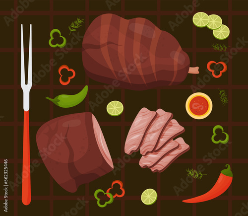 BBQ meat. Grilled beef and fried pork leg with sauce, chilli and piece lime. Mexican popular grilled meat food. View from above. Vector illustration of Hispanic national food.