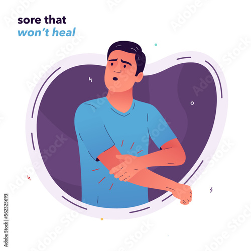 Vector illustration of a man with a non-healing sore on his arm. A concept of chronic pain or a symptom of diabetes, infection, or poor circulation. For medical and healthcare articles