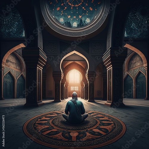 Fotobehang A man praying inside a beautifully structured mosque, a beautiful scene of islam