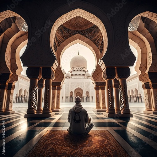 A man praying inside a beautifully structured mosque, a beautiful scene of islamic praying culture generative ai