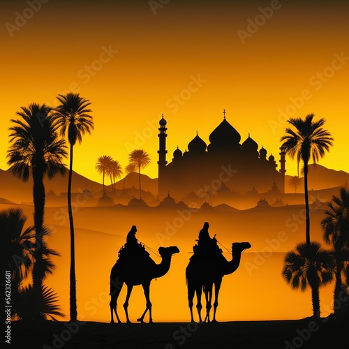 camels in the desert with a beautiful sunset and a mosque in the background