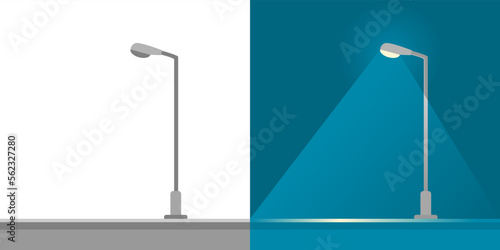 Electric streetlight lamp pole open close at day and night time on white blue background flat icon vector.