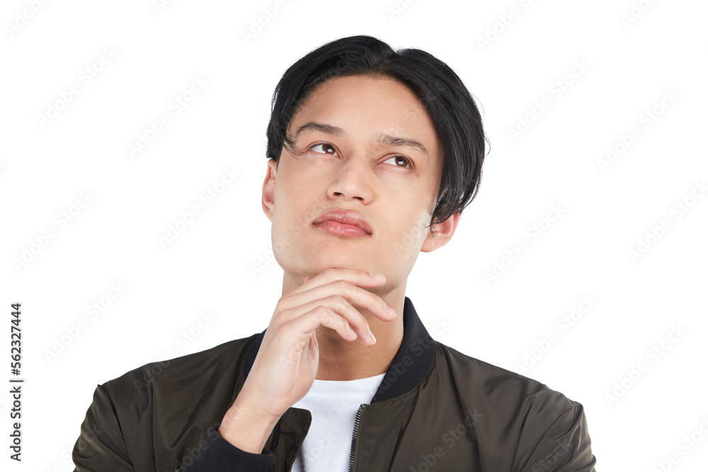 Thinking, decision and Asian man planning idea isolated on a white background in studio. Solution, problem and thoughtful Japanese person with ideas, contemplating and problems on a studio background Thinking, decision and Asian man planning idea isolated on a white background in studio. Solution, problem and thoughtful Japanese person with ideas, contemplating and problems on a studio background