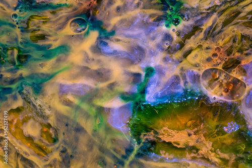 Patterns from the dye on the surface of the water.