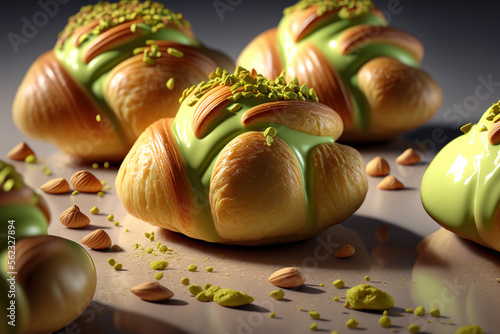 Detail of freshly baked pistachio croissants on a shiny tile. Cruasan con pistachos recien horneados. Generative AI photo