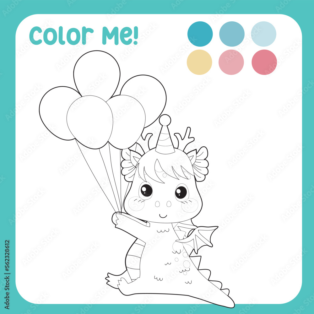 Colour me with these colours. Adorable baby dragon colouring page for kids. Colouring page activity baby dragon brings balloon to the birthday party. Cute dragon vector illustration. Colour me with these colours. Adorable baby dragon colouring page for kids. Colouring page activity baby dragon brings balloon to the birthday party. Cute dragon vector illustration.