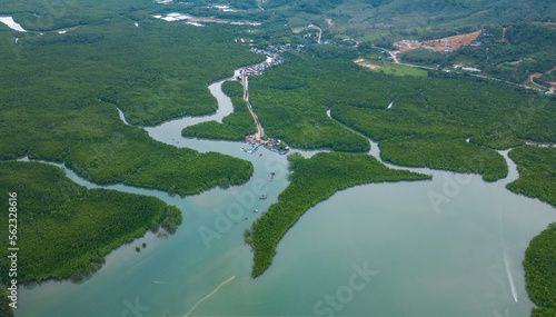 Aerial photography of the fishing village and port of Phang Nga Bay.