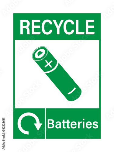 Recycle sign for used batteries with symbol and text.