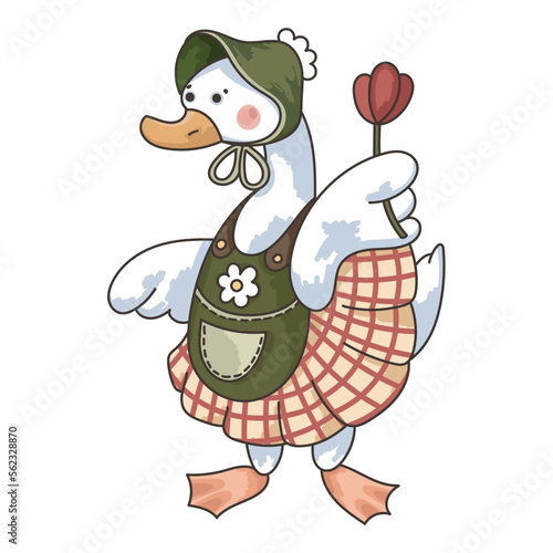 Duck in a bonnet, lady goose. Duck in the garden, in a dress, in an apron. Cute goose with a flower in his hand. Garden decor.