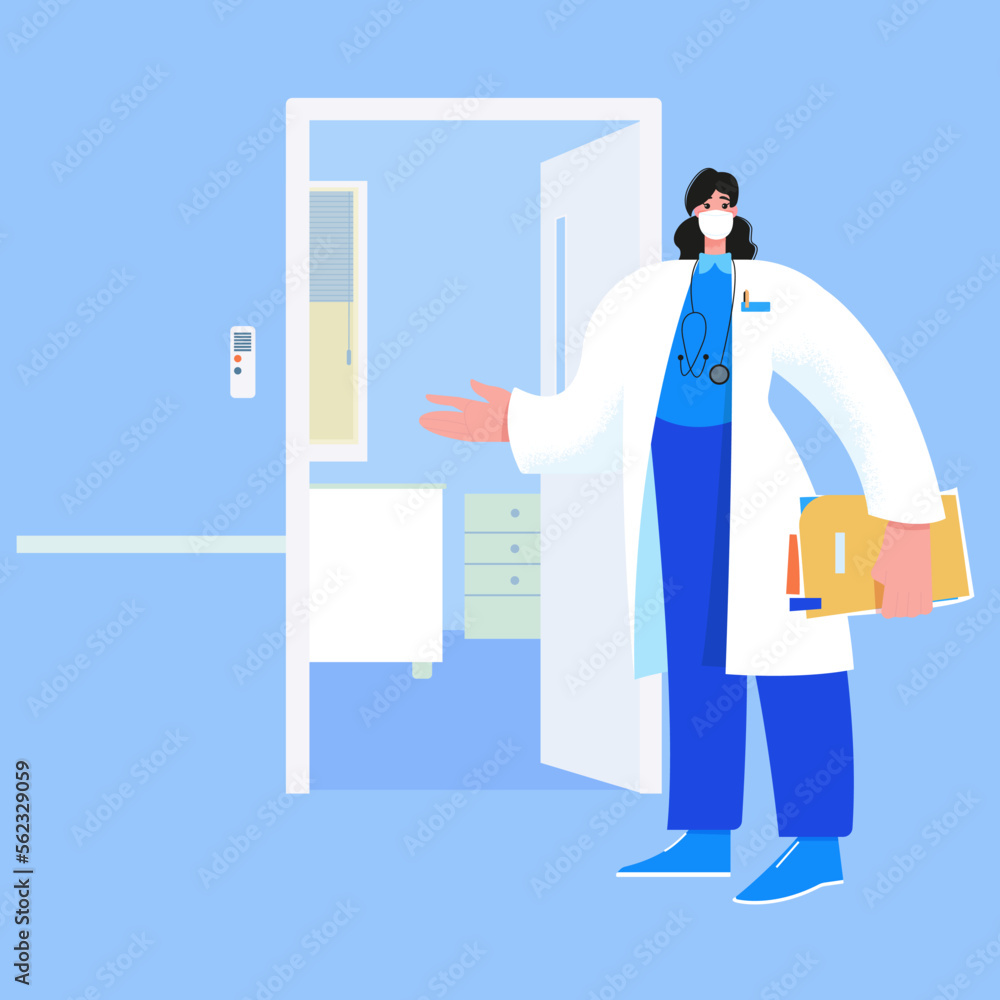 Fototapeta premium Vector illustration, a female doctor in a mask stands at the entrance to the medical office and invites you to enter. Medical examination, diagnosis, vaccination.