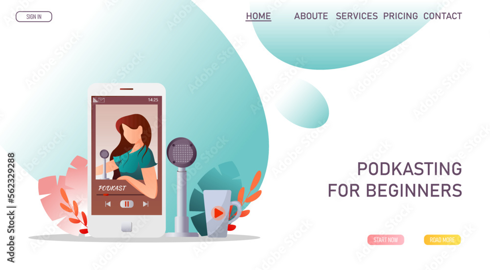 Smartphone with woman recording podcast and microphone. Streaming, blogging, podcasting, radio broadcasting, podcast app concept. Vector illustration for website, poster, banner, advertising.