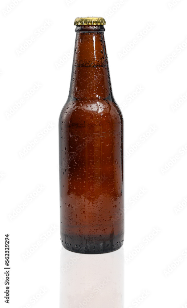 Clean brown Glass bottles of beer with cold water drops on white background, copy space Clean brown Glass bottles of beer with cold water drops on white background, copy space