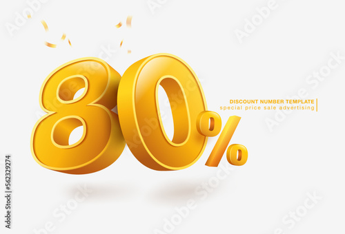 80% discount template, 3D letters, used for promotional advertisements in special sales. Isolated on white background. Realistic vector file.
