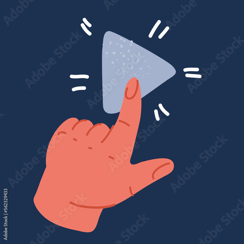 Vector cartoon illustration of Play button click app icon Multimedia player. Start, launch. Hand pushing button.