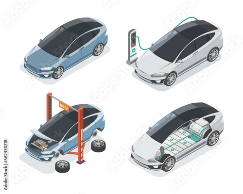 EV Electric car Maintenance and Charging Station isometric view isolated vector set