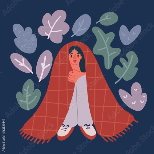 Vector cartoon illustration of Young sleeping girl lying lies wrap covered under blanket duvet