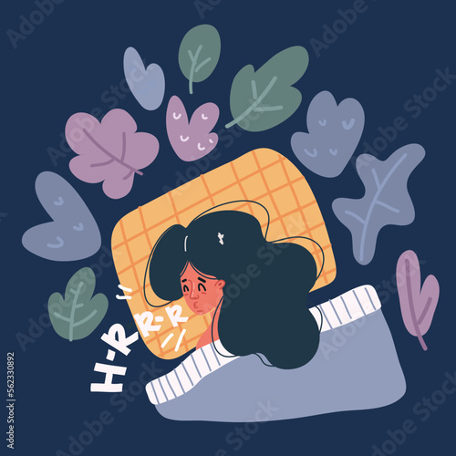 Vector cartoon illustration of Sweet dreams concept. A woman sleeps in bed lying on a pillow and covered with a blanket.
