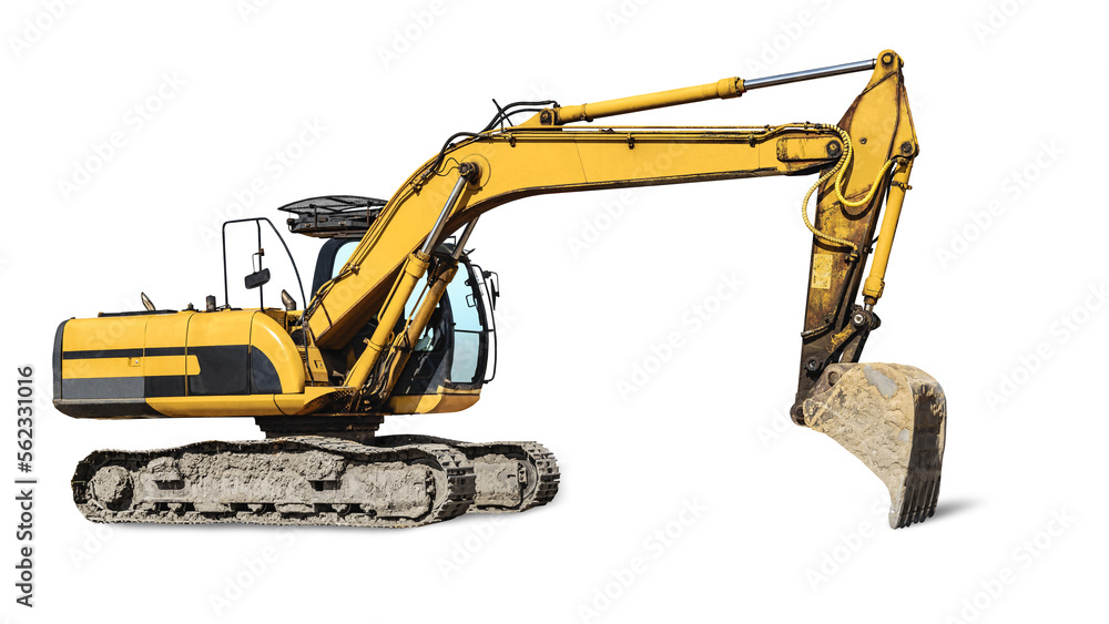 Crawler excavator isolated on white background. Powerful excavator with an extended bucket close-up. Construction equipment for earthworks. element for design. Crawler excavator isolated on white background. Powerful excavator with an extended bucket close-up. Construction equipment for earthworks. element for design.