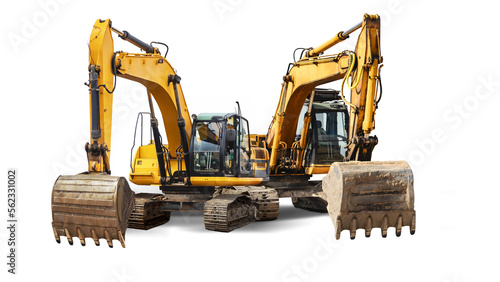 Two powerful crawler excavators isolated on white background. Powerful excavator with an extended bucket close-up. Construction equipment for earthworks. element for design.