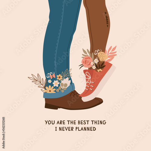 Valentines Day couple in love in the card design. Romantic February 14 congratulations. Cute vector illustration of man and woman legs, flowers. Romantic phrase about relationship. You and me.