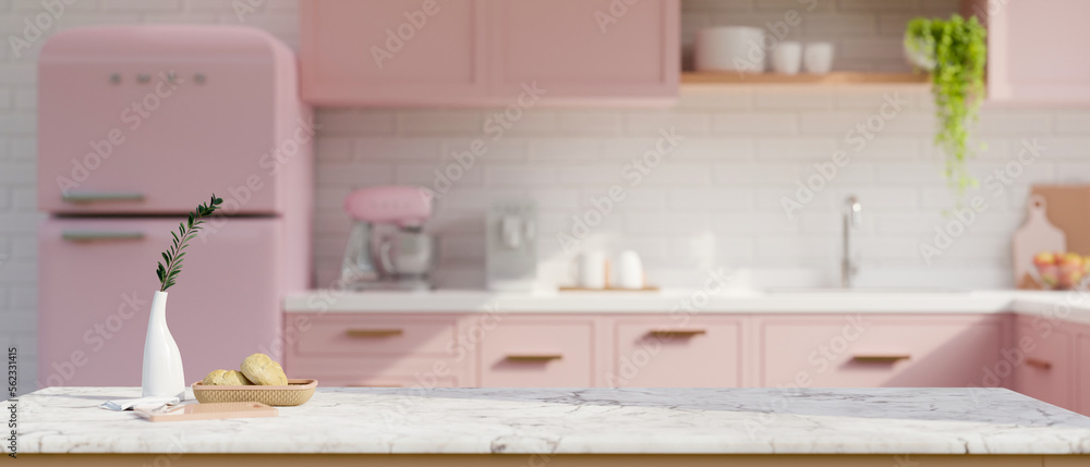 Copy space on white marble tabletop in beautiful pastel pink