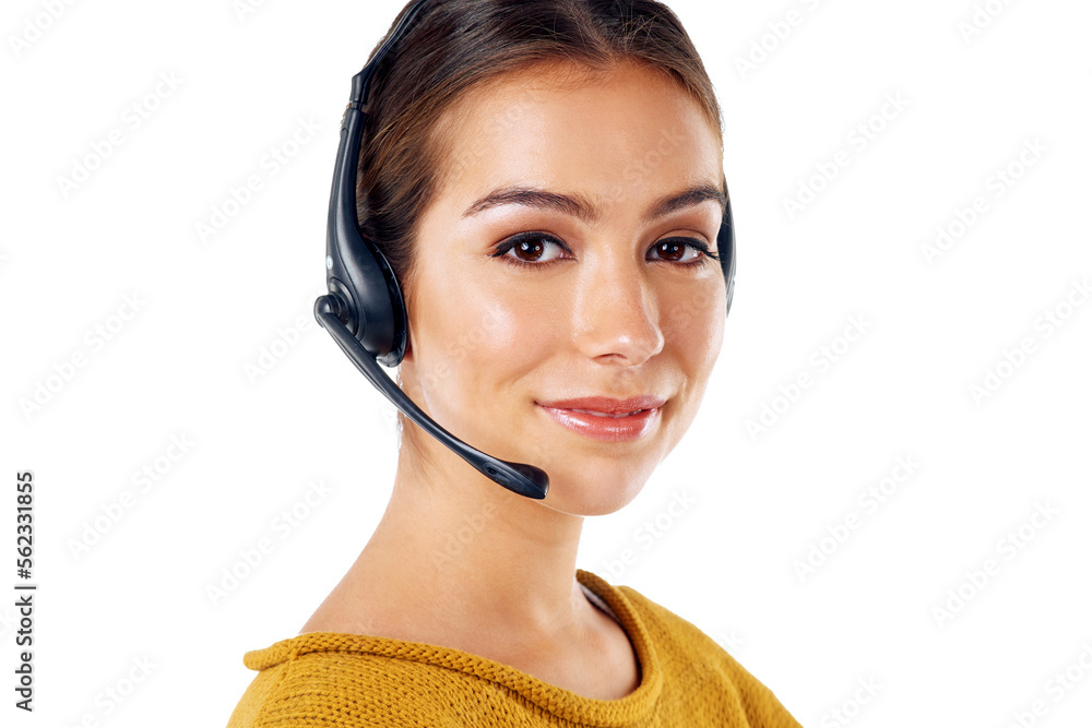 Communication, technology and portrait of woman at call center isolated with smile on white background. Telemarketing, crm and girl in headset at help desk for customer service phone call in studio. Communication, technology and portrait of woman at call center isolated with smile on white background. Telemarketing, crm and girl in headset at help desk for customer service phone call in studio.