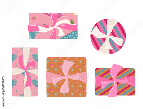 Collection of valentine s day gifts in flat style, set of different boxes. Vector illustration