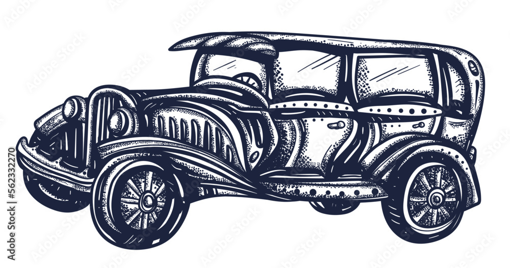 Retro car. Vintage automobile. Old school tattoo vector art. Hand drawn graphic. Isolated on white. Traditional flash tattooing style