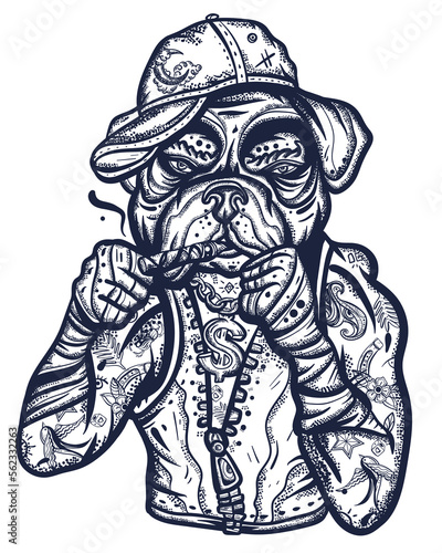 Dog. Crime boxer bulldog. Old school tattoo vector art. Hip-hop and gangsta lifestyle. Criminal street culture. Hand drawn graphic. Isolated on white. Traditional flash tattooing style