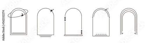 Y2k aesthetic line arch frame vector set. Trendy minimalist linear oval arches elements with stars, blings. Minimal style boho borders. Geometric design for logo, badge, social media