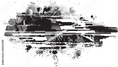 Fototapeta Naklejka Na Ścianę i Meble -  Glitch distorted geometric shape . Noise destroyed logo . Trendy defect error shapes . Glitched frame .Grunge textured . Distressed effect .Vector shapes with a halftone dots screen print texture.