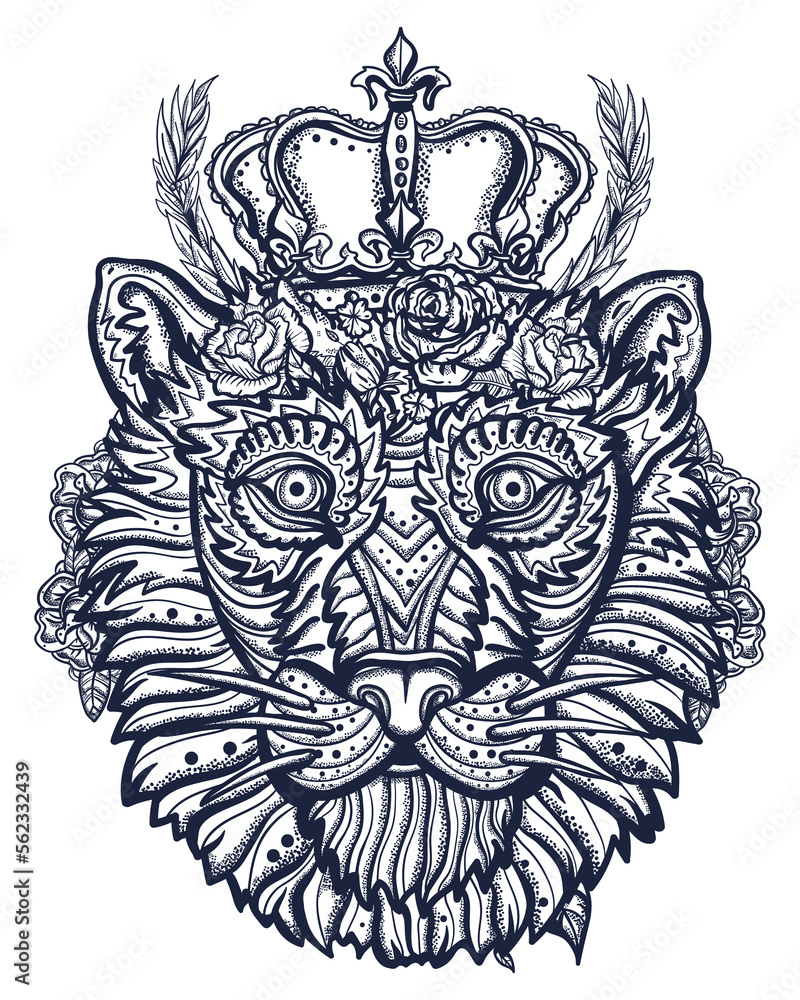 Royal lion and golden crown. African wild animals portrait. Old school tattoo vector art. Hand drawn graphic. Isolated on white. Traditional flash tattooing Royal lion and golden crown. African wild animals portrait. Old school tattoo vector art. Hand drawn graphic. Isolated on white. Traditional flash tattooing