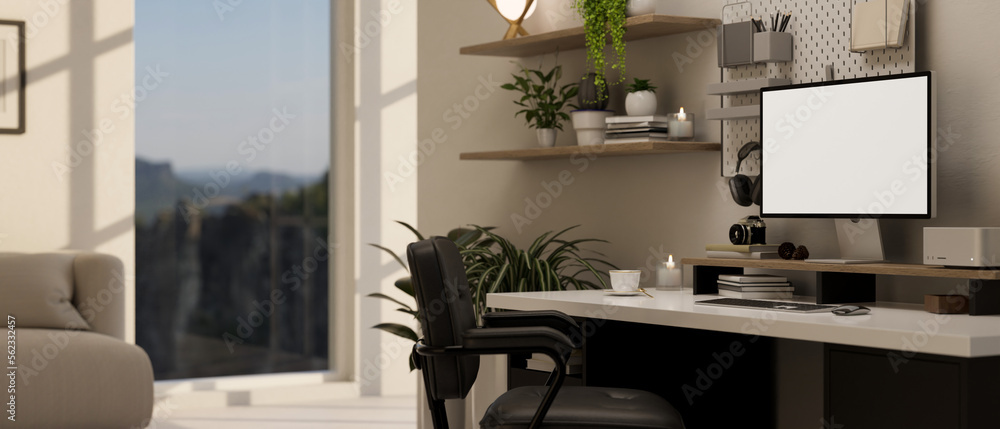 side view of a modern urban home office interior design with PC desktop computer mockup side view of a modern urban home office interior design with PC desktop computer mockup