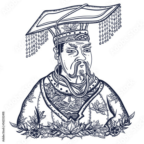 Chinese emperor portrait. Ancient China history and culture. Old school tattoo vector art. Hand drawn graphic. Isolated on white. Traditional flash tattooing style photo