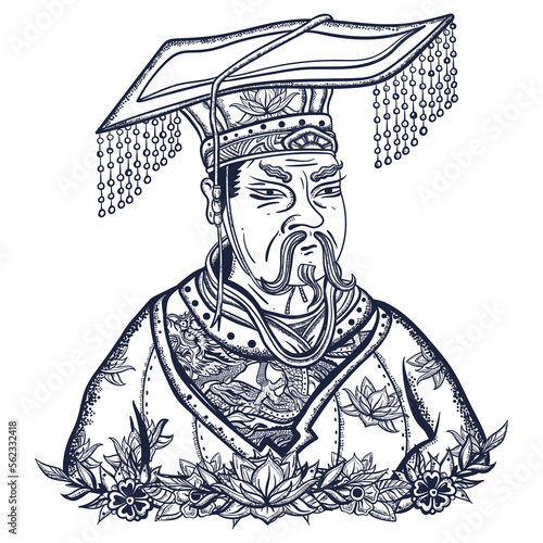 Chinese emperor portrait. Ancient China history and culture. Old school tattoo vector art. Hand drawn graphic. Isolated on white. Traditional flash tattooing style