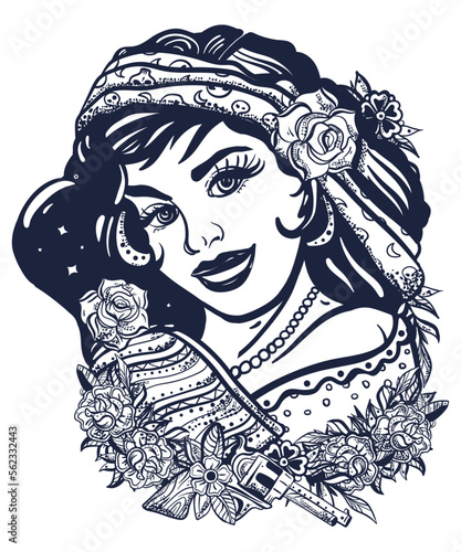 Mexican woman portrait. Latin ethnic girl in national clothes. Mexico people. Old school tattoo vector art. Hand drawn graphic. Isolated on white. Traditional flash tattooing