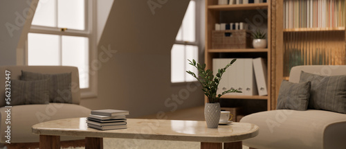 Fototapeta Naklejka Na Ścianę i Meble -  Copy space on coffee tabletop with decor in comfortable Scandinavian living room interior design.