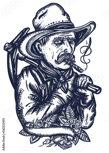 Gold digger portrait. American miner. Old school tattoo vector art. Hand drawn graphic. Isolated on white. Traditional flash tattooing style